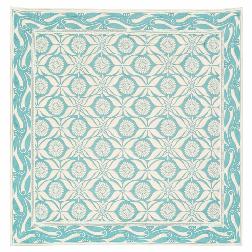 Pottery Barn Turquoise Block Print Quilt Bedspread Double Sided